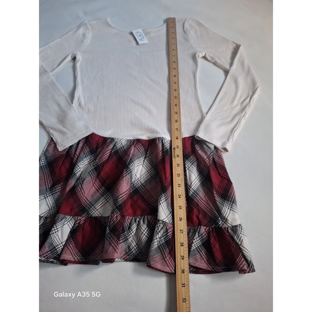 The Childrens Place Girls Christmas Long Sleeve Plaid Ribbed Drop Waist Dress 16